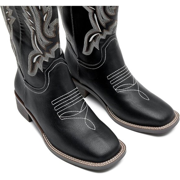 kkdom Women Black Cowboy Square Toe Western Cowgirl Mid Calf Boot - Picture 7 of 8